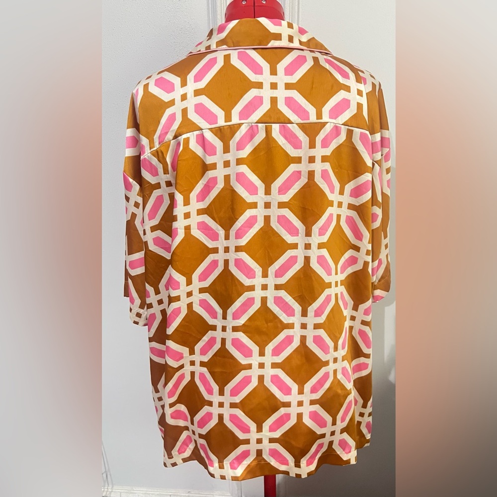 New Zara Geometric Patterned PJ Style Shirt in Pink & Tan Suze XL - Picture 4 of 6